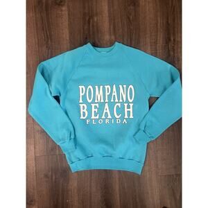 Vintage Jerzees By Russell Pompano Beach Crewneck Sweater Turquoise Blue 80s Fl